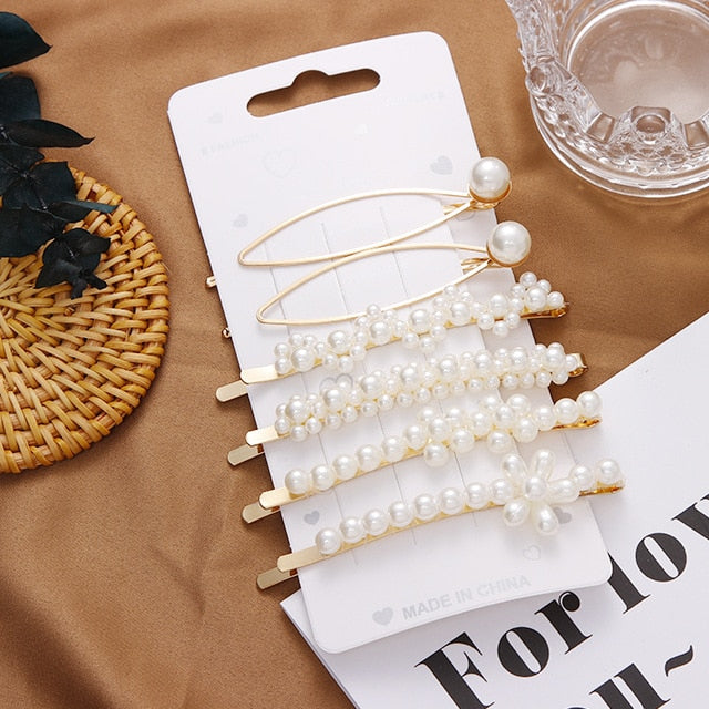 3/4/5pcs/Set Women Girls Elegant Full Pearls Geometric Hair Clips Sweet Hair Ornament Hairpin Barrette Headband Hair Accessories