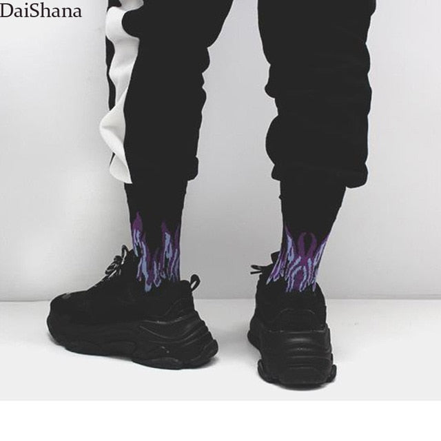 Women Man Fashion Hip-Hop Harajuku Sock Purple Flame Blaze Power Torch Hot Warmth Calceines Mujer Street Skateboard Cotton Socks