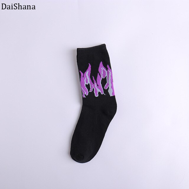 Women Man Fashion Hip-Hop Harajuku Sock Purple Flame Blaze Power Torch Hot Warmth Calceines Mujer Street Skateboard Cotton Socks