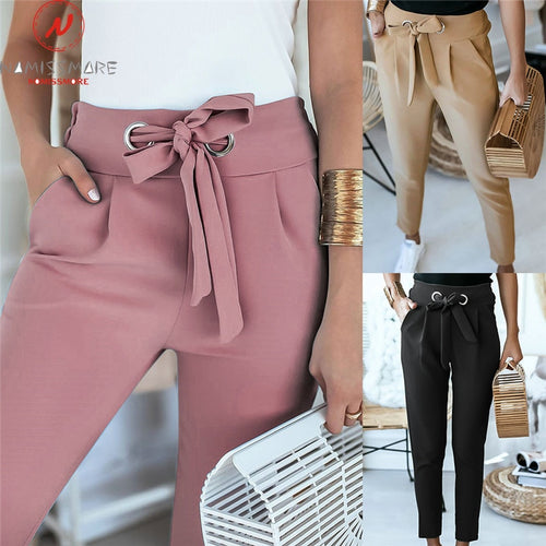 England Style Women Summer Solid Color Pencil Pants Bandage Design Pockets Decor High Waist Slim Hips Trousers for Streetwear