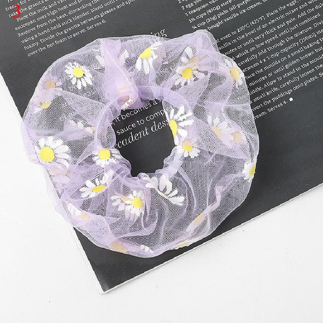 Sweet Embroidery Flowers Mesh Scrunchies Women Romantic Pink Blue Hair Rope Transparent Tulle Organza Hair Ties Hair Accessories