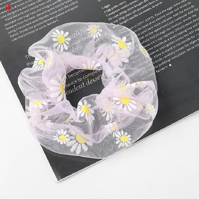 Sweet Embroidery Flowers Mesh Scrunchies Women Romantic Pink Blue Hair Rope Transparent Tulle Organza Hair Ties Hair Accessories