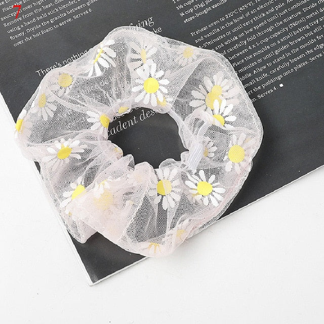 Sweet Embroidery Flowers Mesh Scrunchies Women Romantic Pink Blue Hair Rope Transparent Tulle Organza Hair Ties Hair Accessories