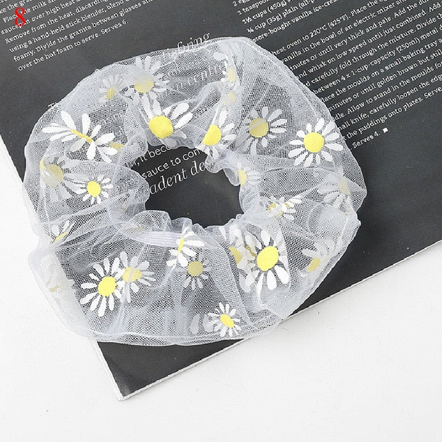 Sweet Embroidery Flowers Mesh Scrunchies Women Romantic Pink Blue Hair Rope Transparent Tulle Organza Hair Ties Hair Accessories