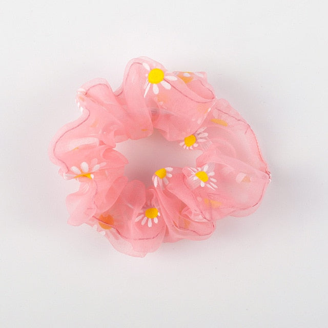 Sweet Embroidery Flowers Mesh Scrunchies Women Romantic Pink Blue Hair Rope Transparent Tulle Organza Hair Ties Hair Accessories