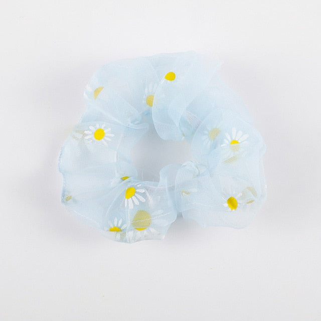 Sweet Embroidery Flowers Mesh Scrunchies Women Romantic Pink Blue Hair Rope Transparent Tulle Organza Hair Ties Hair Accessories