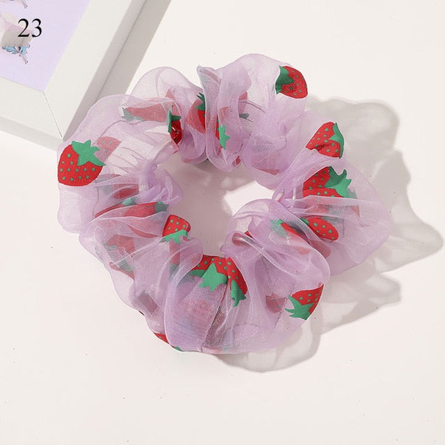 Sweet Embroidery Flowers Mesh Scrunchies Women Romantic Pink Blue Hair Rope Transparent Tulle Organza Hair Ties Hair Accessories