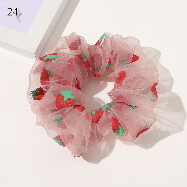 Sweet Embroidery Flowers Mesh Scrunchies Women Romantic Pink Blue Hair Rope Transparent Tulle Organza Hair Ties Hair Accessories