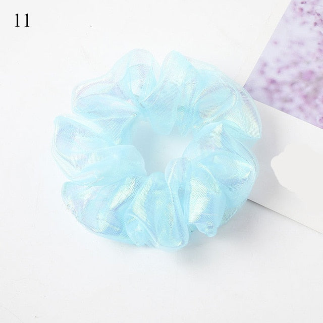 Sweet Embroidery Flowers Mesh Scrunchies Women Romantic Pink Blue Hair Rope Transparent Tulle Organza Hair Ties Hair Accessories