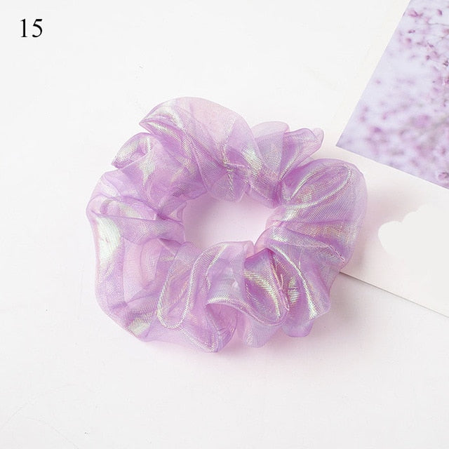 Sweet Embroidery Flowers Mesh Scrunchies Women Romantic Pink Blue Hair Rope Transparent Tulle Organza Hair Ties Hair Accessories