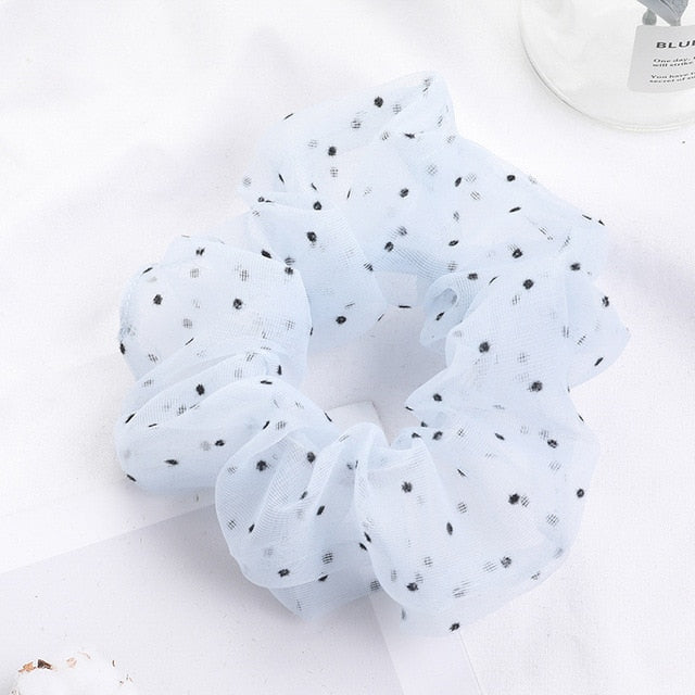 Sweet Embroidery Flowers Mesh Scrunchies Women Romantic Pink Blue Hair Rope Transparent Tulle Organza Hair Ties Hair Accessories