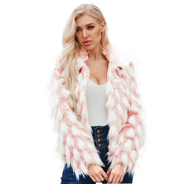 Fluffy Faux Fur Jacket Color Block Turn-down Collar Long Sleeve Warm Overcoat Elegant Short Outewear Lady